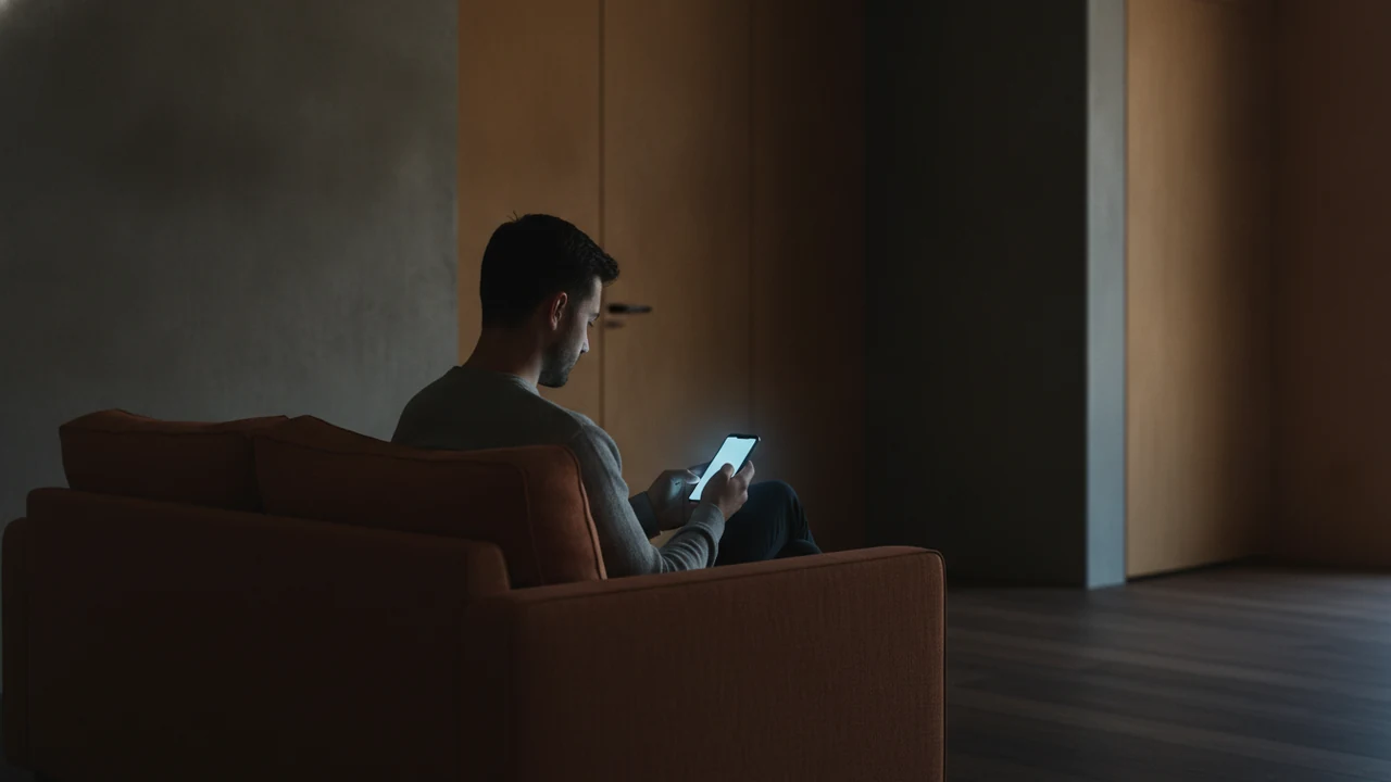 Karanlık bir odada tek başına oturup elindeki telefonun soğuk mavi ışığına bakan bir kişinin arkadan görünümü; dijital yalnızlığı simgeliyor.