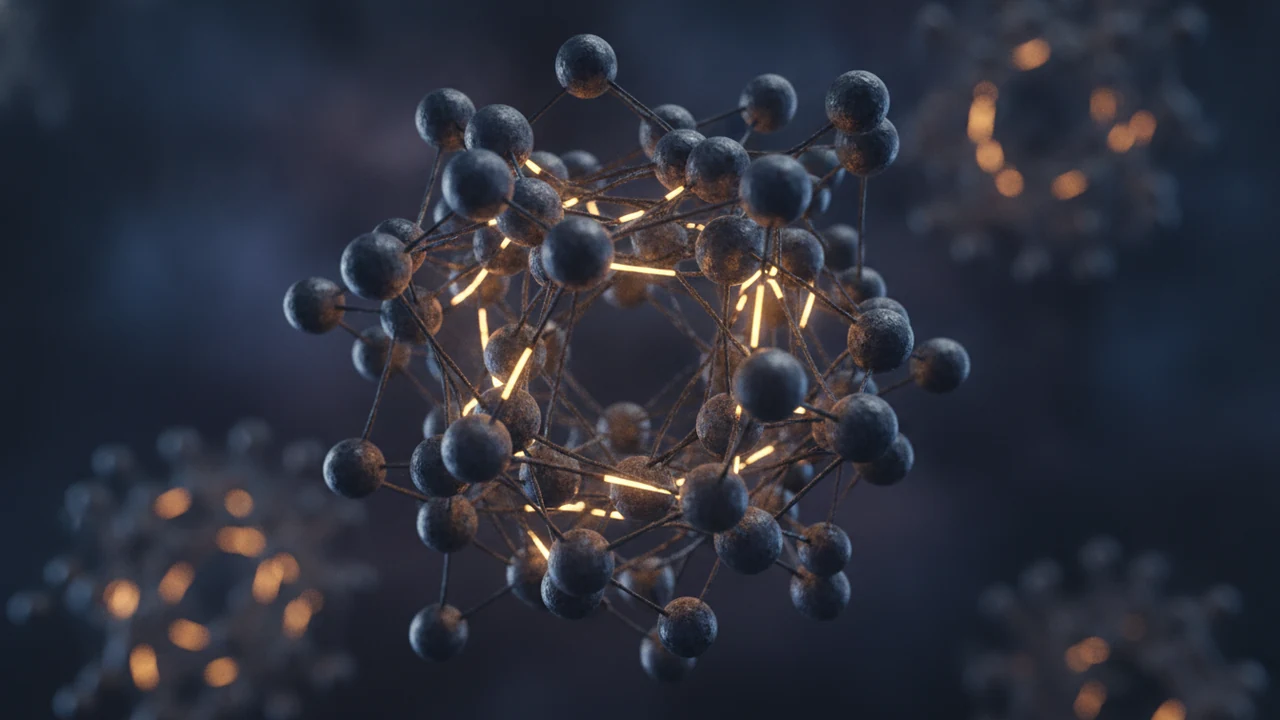 Metal alaşımların atomik yapısını ve makine öğrenimiyle yapılan modellemeyi temsil eden, altın sarısı ışıklarla birbirine bağlı koyu renkli metalik küreler ve bağlar.