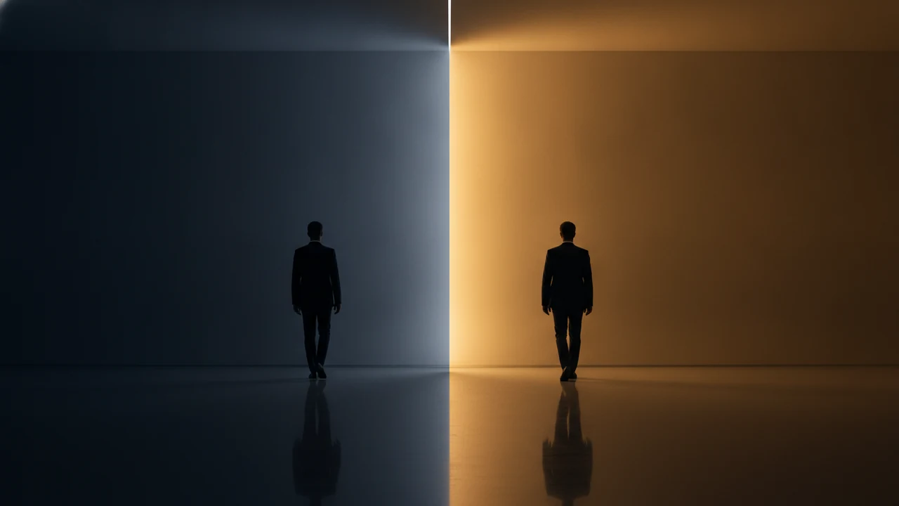 Modern ve minimalist bir ofis lobisinde, ışık ve gölgeyle ikiye bölünmüş bir alanda paralel yürüyen iki belirsiz iş insanı figürü.