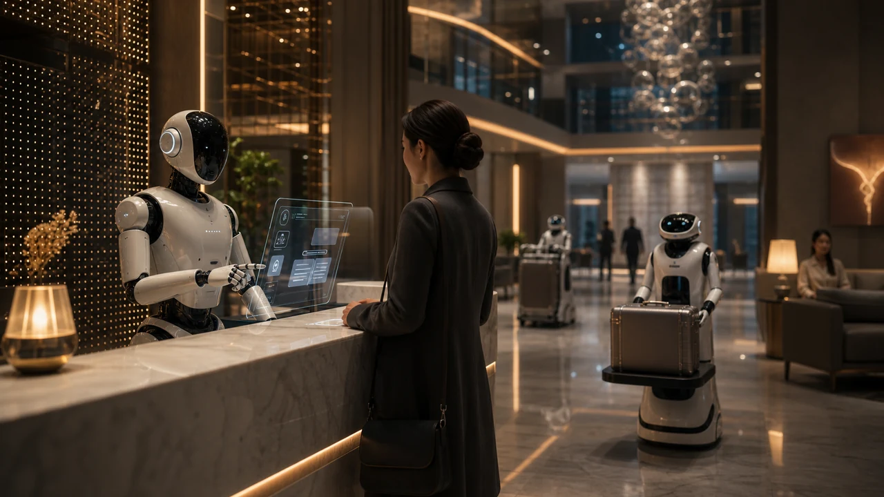 Fütüristik otel lobisinde resepsiyon, bagaj ve servis akışını yöneten şık robotlar premium bir teknoloji atmosferi yaratıyor.
