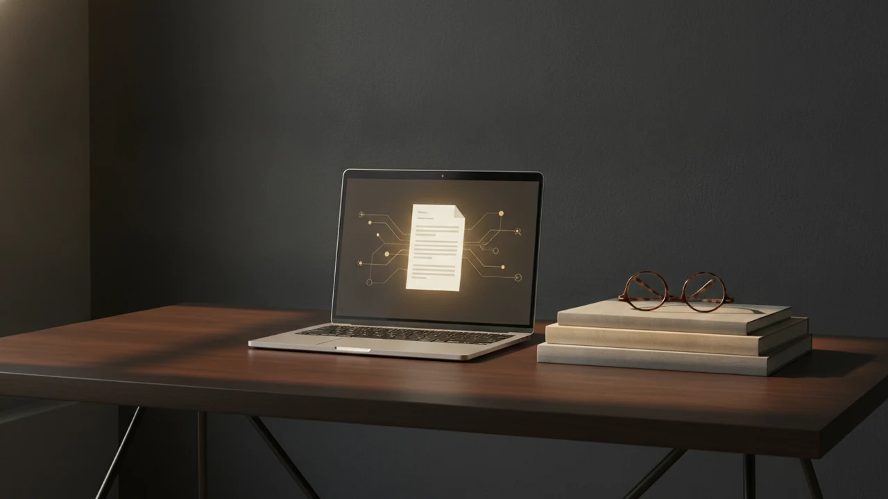Üzerinde açık bir dizüstü bilgisayar, akademik dergiler ve gözlük bulunan minimalist bir çalışma masası; yapay zeka destekli bilimsel yayıncılığı simgeliyor.