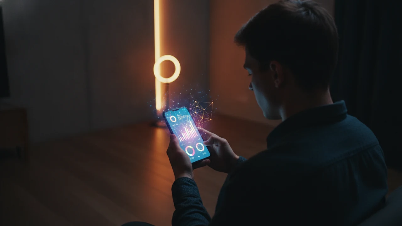 Karanlık bir odada akıllı telefonunun parlak ekranına odaklanmış bir gencin arkadan görünümü; ekrandan yansıyan renkli grafik ışıkları ellerini ve yüzünü aydınlatıyor.