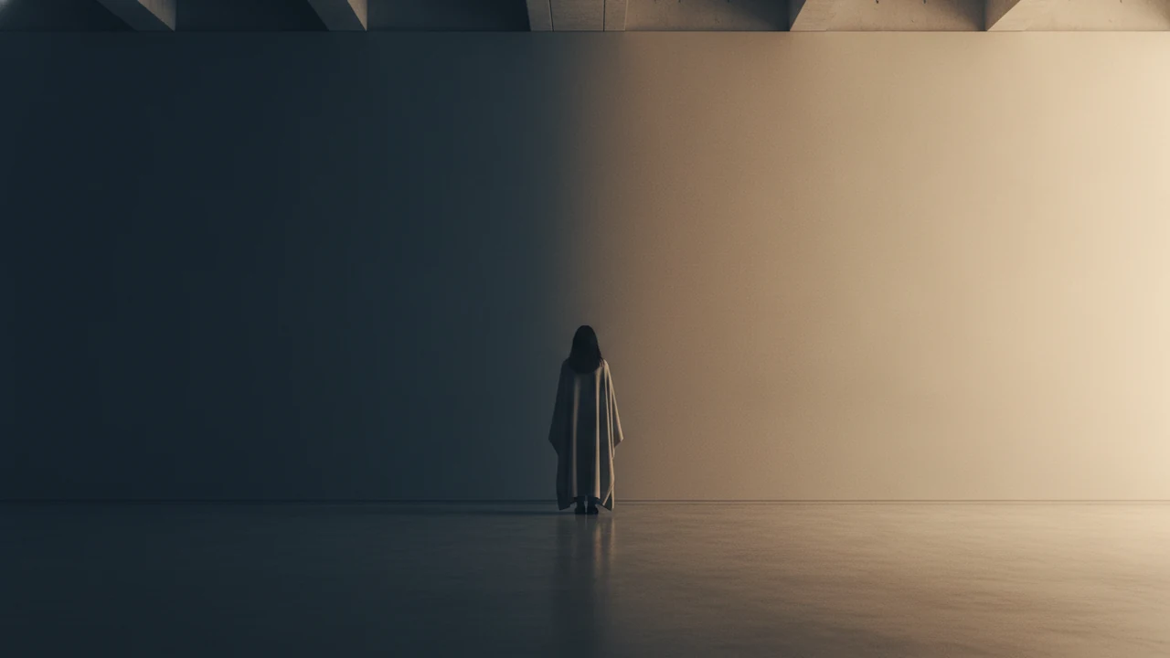 Gölgeli ve karanlık bir alandan sıcak, altın sarısı bir ışığa doğru bakan, arkası dönük bir insan silüetinin minimalist editoryal fotoğrafı.