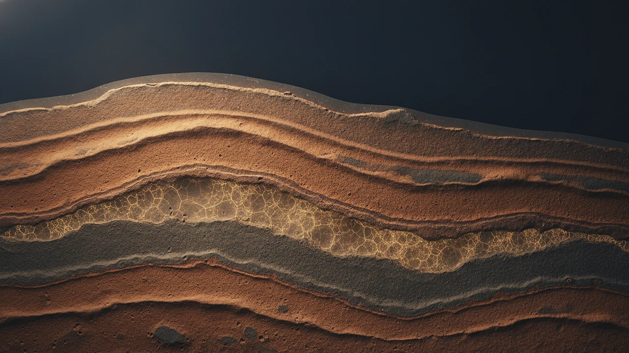 Mars'ın kızıl çamur taşı katmanları arasında, yüzeye çok yakın noktada parıldayan mikroskobik organik karbon moleküllerinin sanatsal ve bilimsel gösterimi.