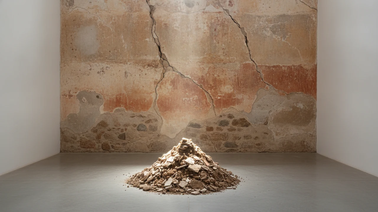 Tarihi bir manastırın restore edilen taş duvarı önünde, dökülen molozların sanatsal bir enstalasyon gibi sergilendiği minimalist müze galerisi.